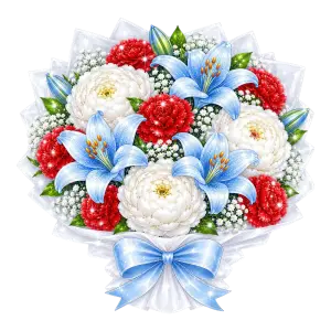 Decorative Bouquet with Blue Lilies, White Peonies, and Red Carnations