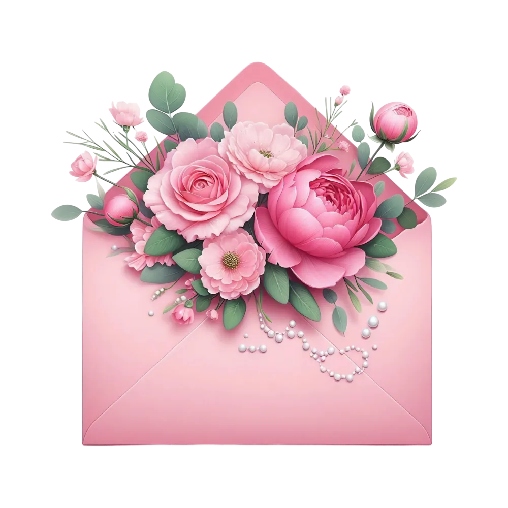 Pink Floral Bouquet in Open Envelope with Pearls
