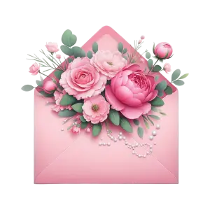 Pink Floral Bouquet in Open Envelope with Pearls
