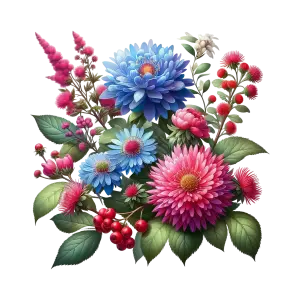 Colorful Bouquet of Pink and Blue Flowers with Green Leaves and Red Berries