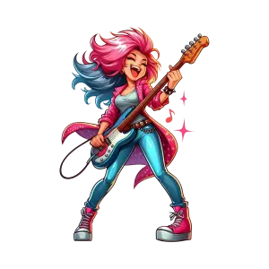 Colorful Female Rock Guitarist Playing Electric Guitar