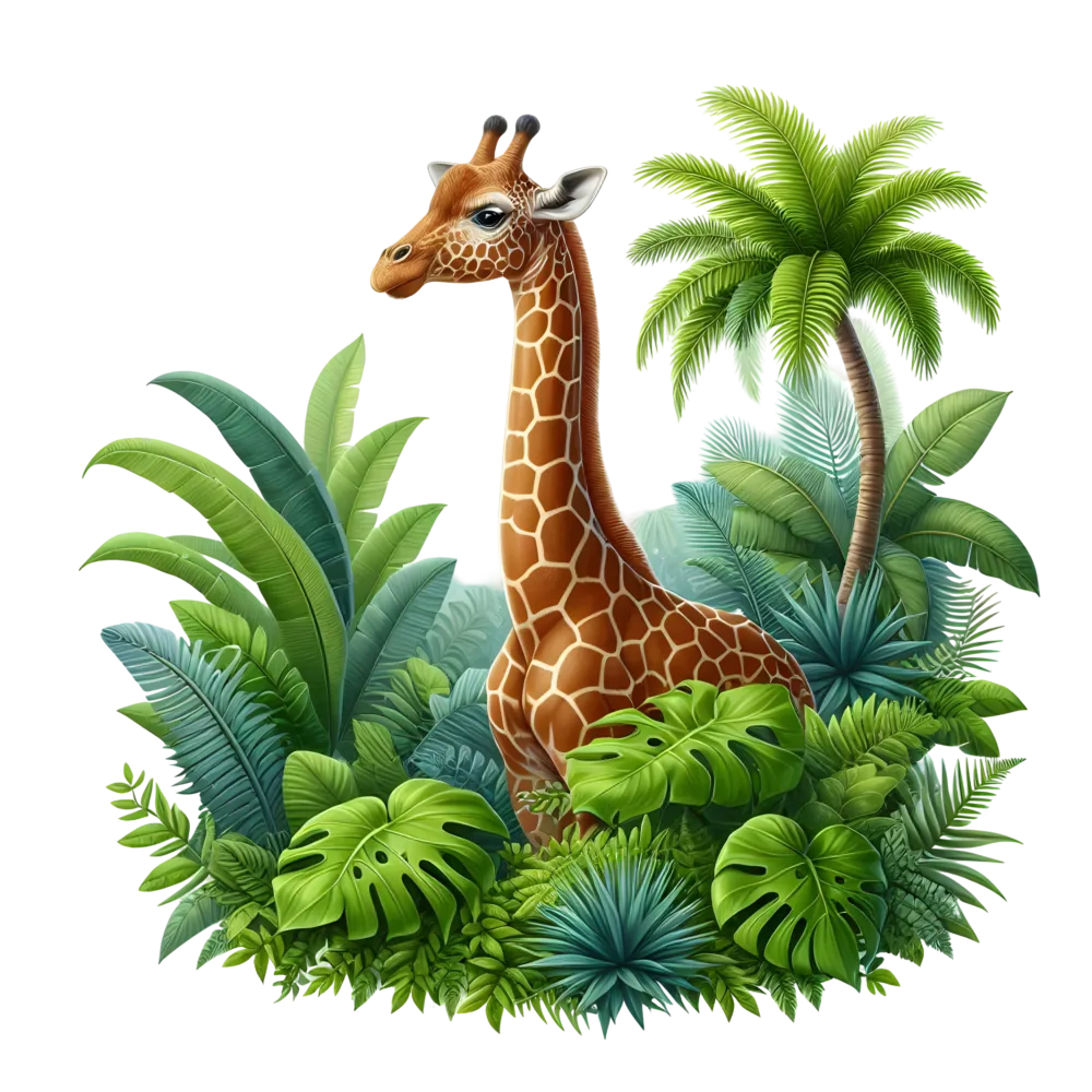 Giraffe in Tropical Jungle Foliage Illustration
