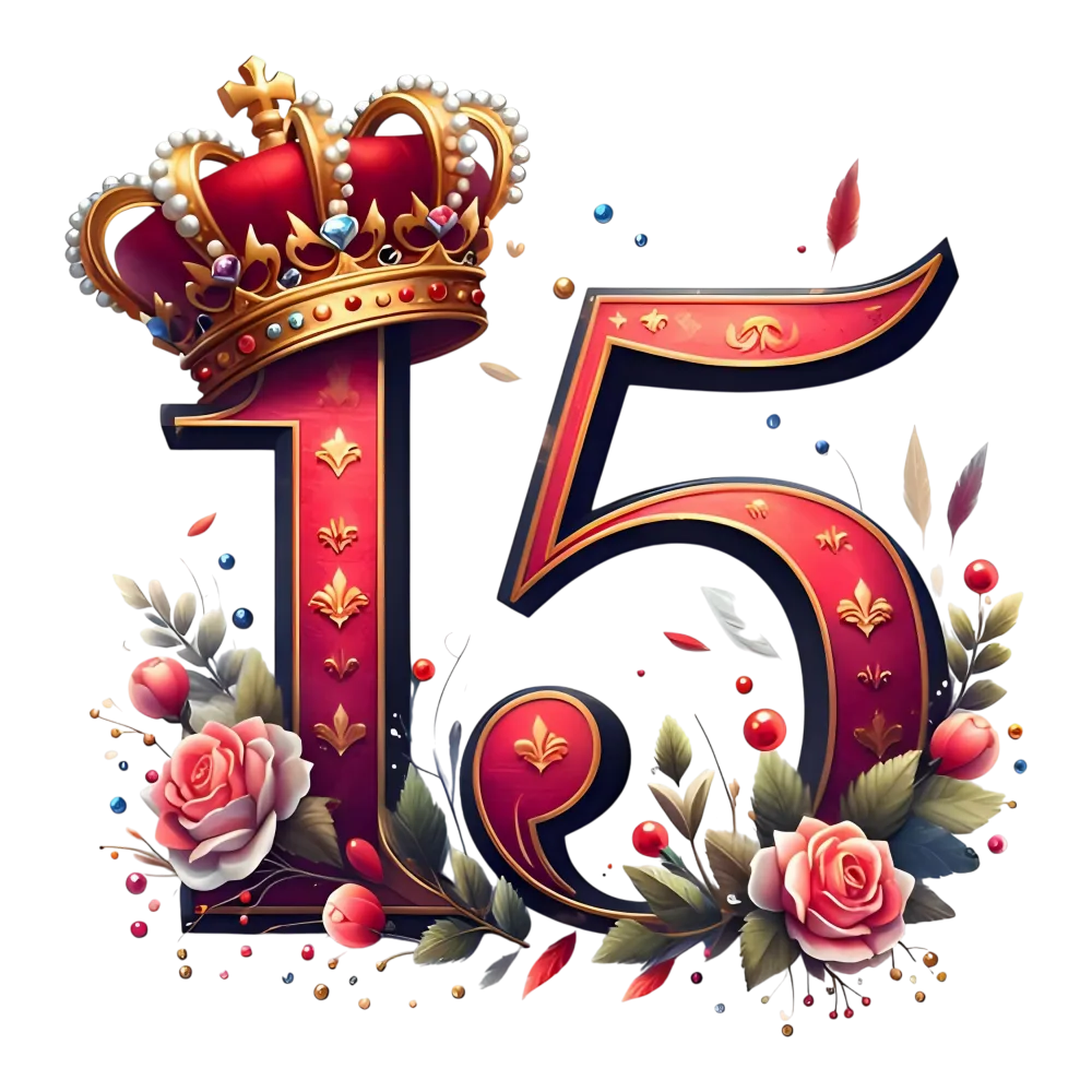 Ornate Number 15 with Crown and Floral Decorations