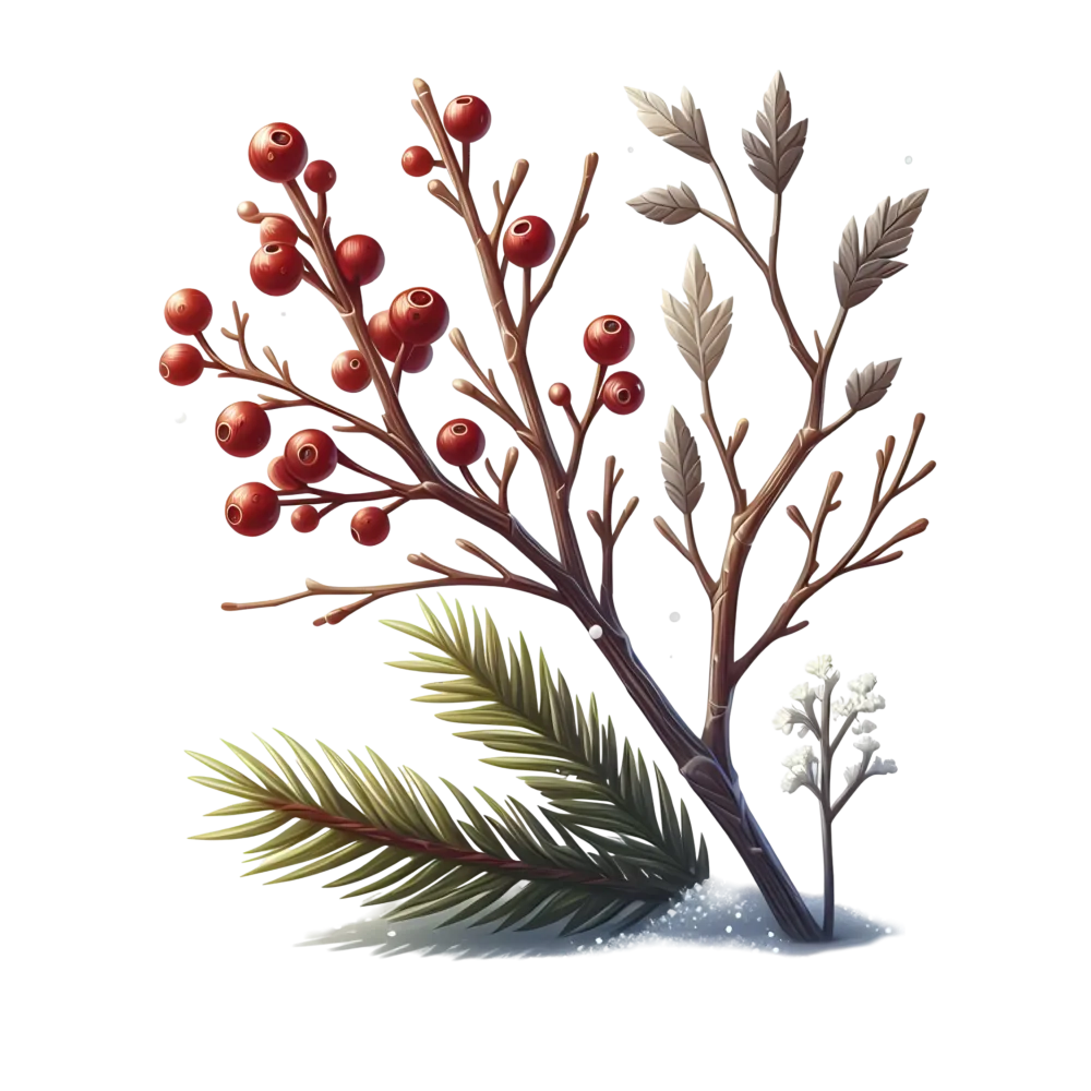 Winter Berry Branch with Pine Needles and Snow