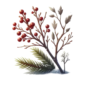 Winter Berry Branch with Pine Needles and Snow