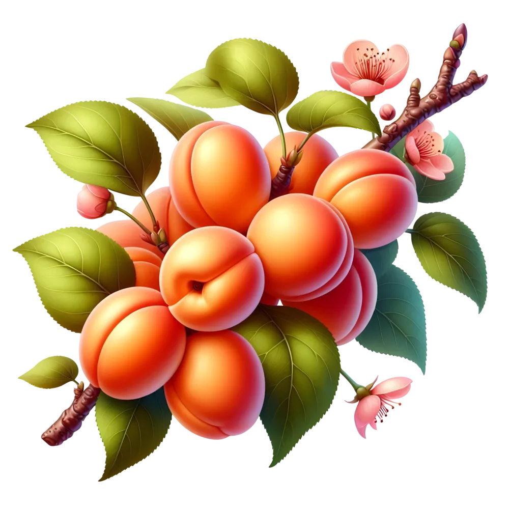 Branch of ripe apricots with pink blossoms and green leaves