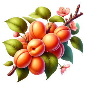 Branch of ripe apricots with pink blossoms and green leaves