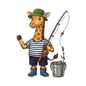 Cute Cartoon Giraffe Fishing with Rod and Bucket of Fish