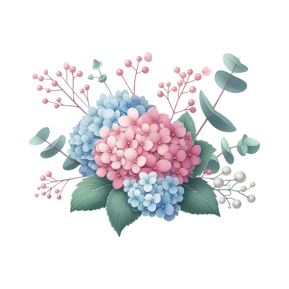 Pink and Blue Hydrangea Floral Arrangement with Leaves and Berries