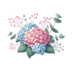 Pink and Blue Hydrangea Floral Arrangement with Leaves and Berries