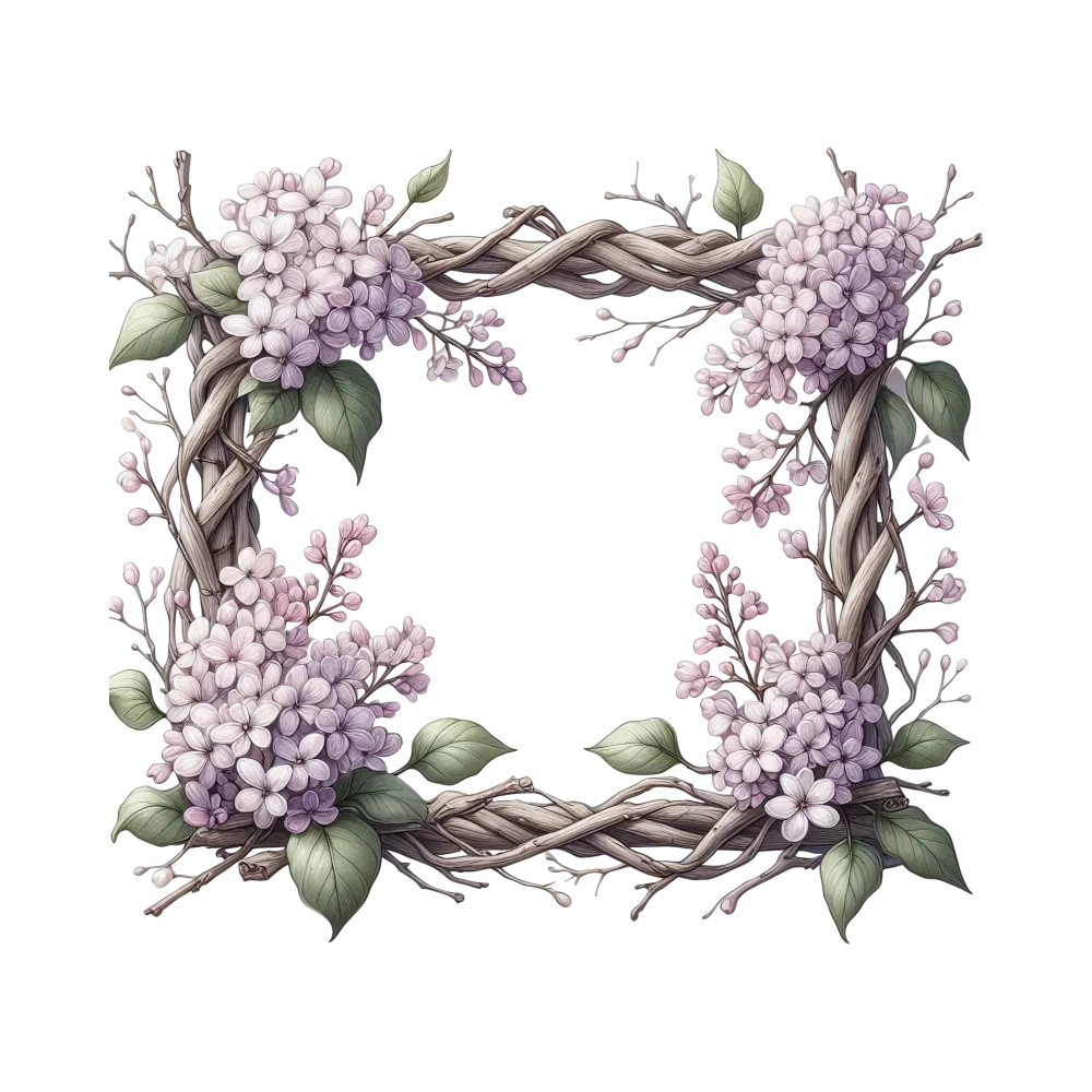 Floral Wicker Frame with Lilac Blossoms and Green Leaves