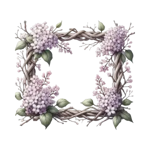 Floral Wicker Frame with Lilac Blossoms and Green Leaves