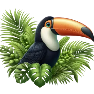Toucan Bird with Exotic Green Tropical Leaves