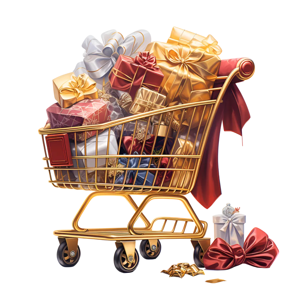 Golden Shopping Cart Filled with Wrapped Gift Boxes