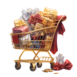 Golden Shopping Cart Filled with Wrapped Gift Boxes