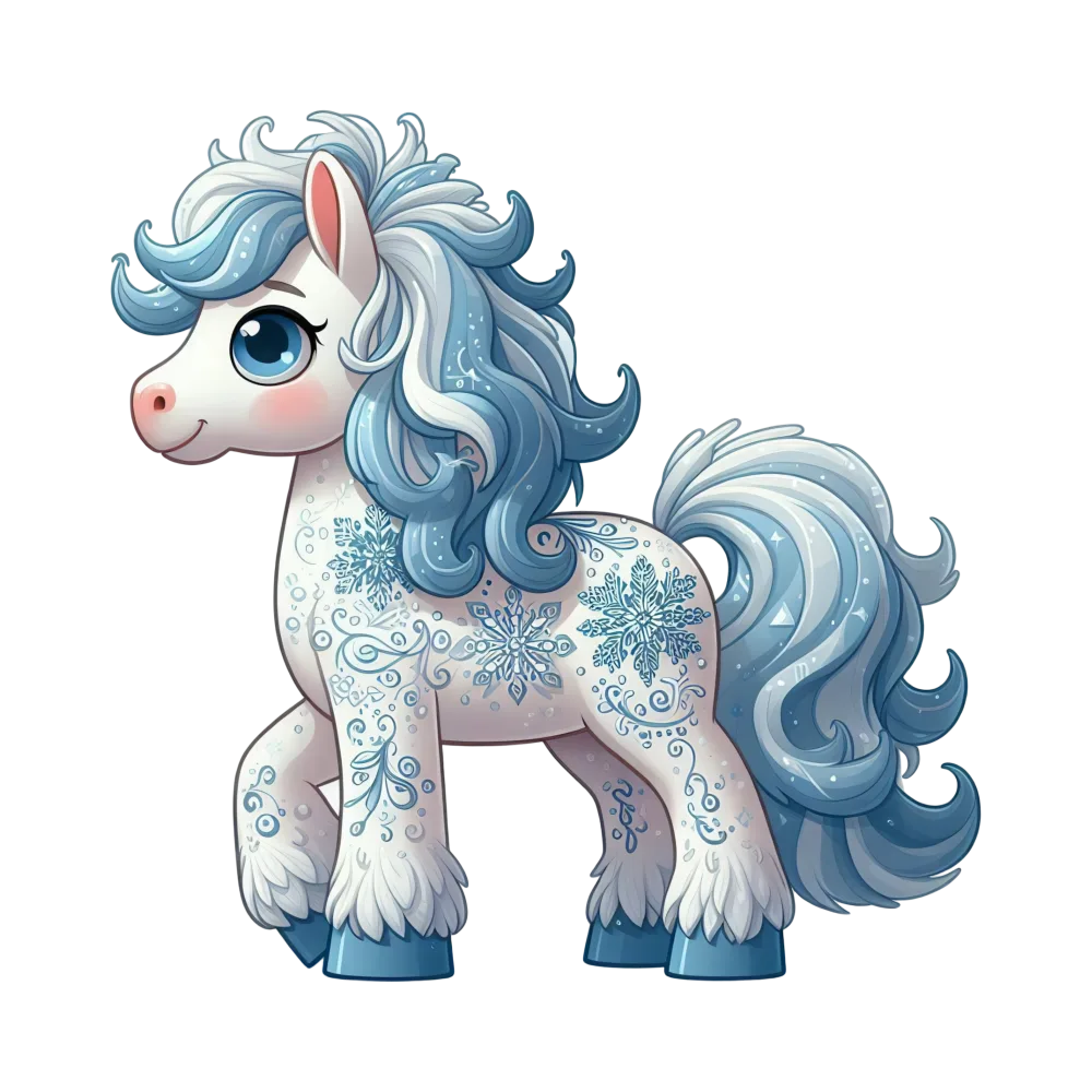 Cute White Winter Pony with Blue Snowflake Patterns