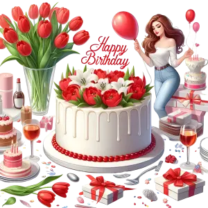 Birthday Celebration with Cake, Red Tulips, Gifts, and Balloon