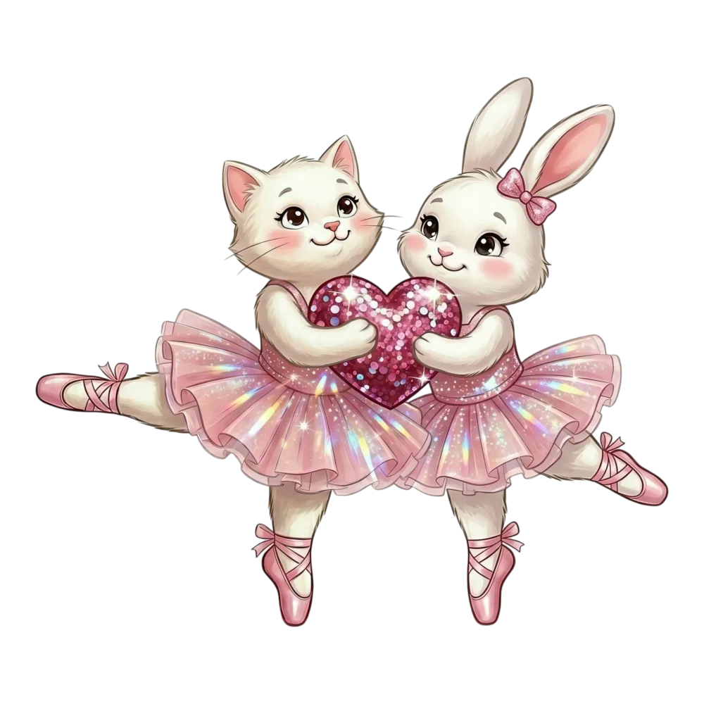 Cute Cat and Bunny Ballerinas Holding Heart