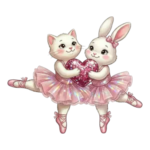 Cute Cat and Bunny Ballerinas Holding Heart