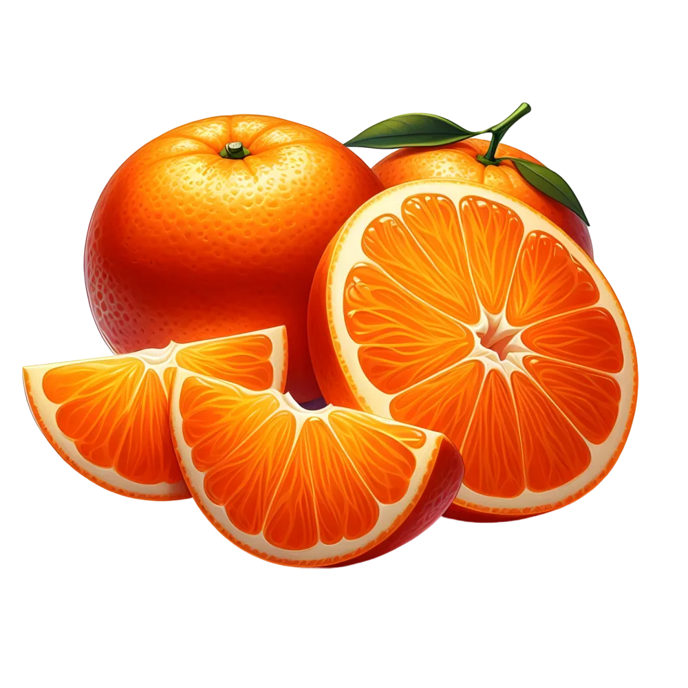 Fresh Whole and Sliced Oranges with Leaves