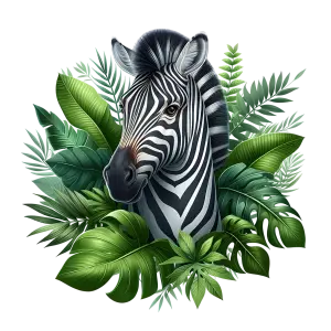 Zebra Head Surrounded by Tropical Leaves Illustration