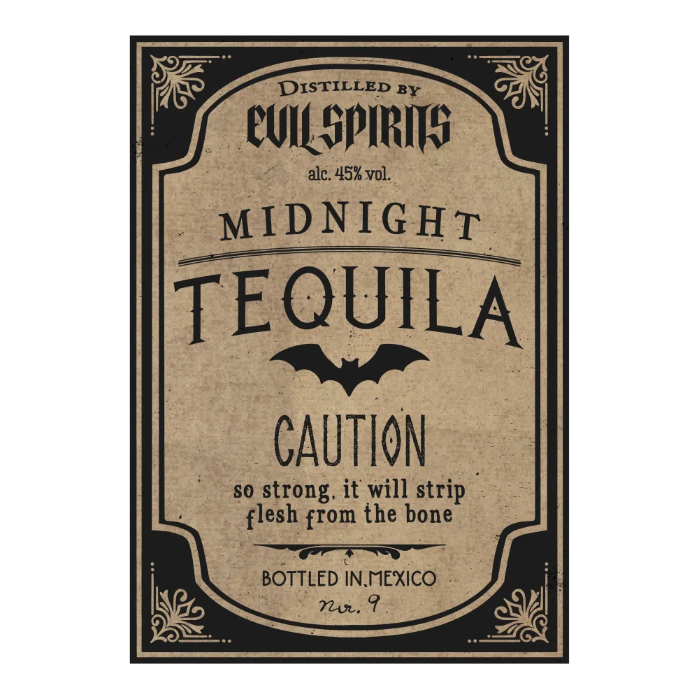 Vintage Style Midnight Tequila Label with Bat Graphic