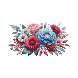 Colorful Floral Bouquet Cluster with Red Berries and Green Leaves