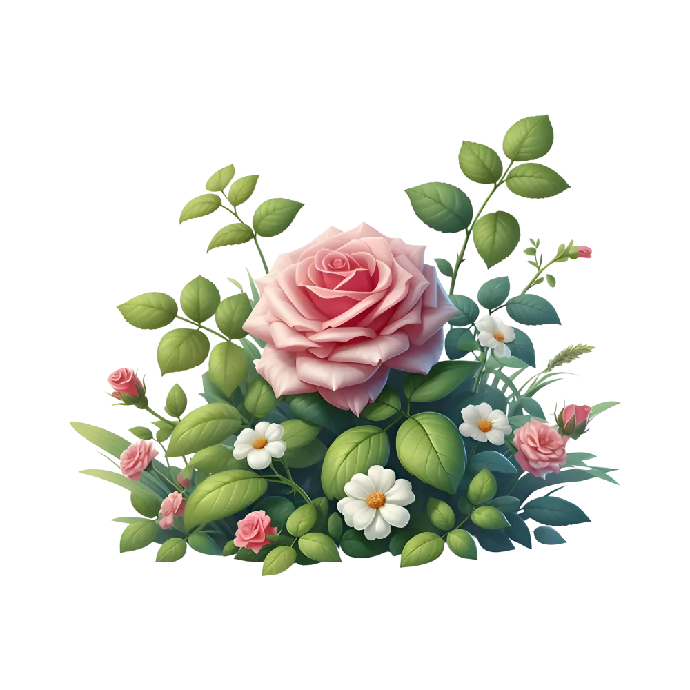 Pink Rose and White Daisy Floral Arrangement with Green Leaves