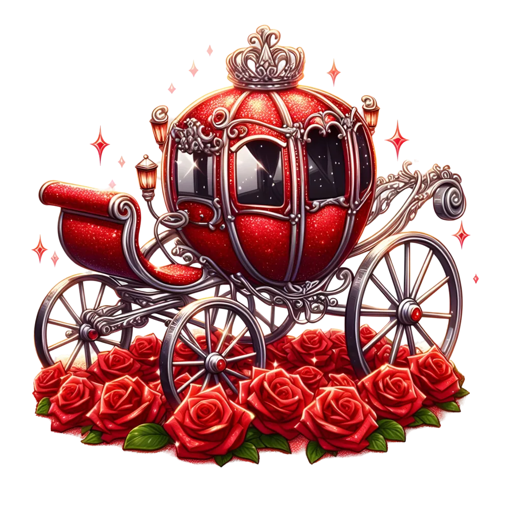 Elegant Red Royal Carriage on Bed of Red Roses