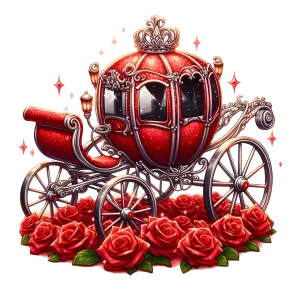 Elegant Red Royal Carriage on Bed of Red Roses