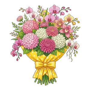 Colorful Floral Bouquet with Yellow Polka Dot Ribbon