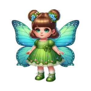 Cute Little Fairy Girl with Green Dress and Blue Wings