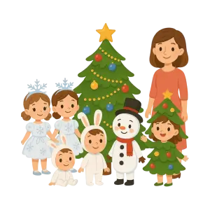 Children in Christmas and Winter Costumes with Christmas Tree and Snowman