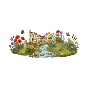 Cute Baby Goat with Flowers and Butterflies by Stream