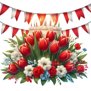 Birthday Celebration with Red Tulips and Festive Cake