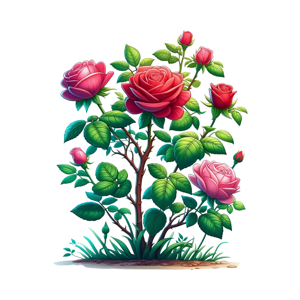 Illustration of a Rose Bush with Pink and Red Flowers