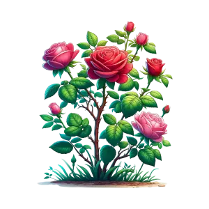 Illustration of a Rose Bush with Pink and Red Flowers
