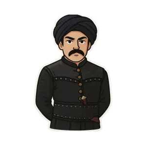 Cartoon Man in Traditional Black Outfit with Turban and Mustache