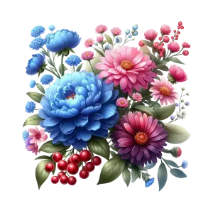 Colorful Bouquet of Blue and Pink Flowers with Red Berries