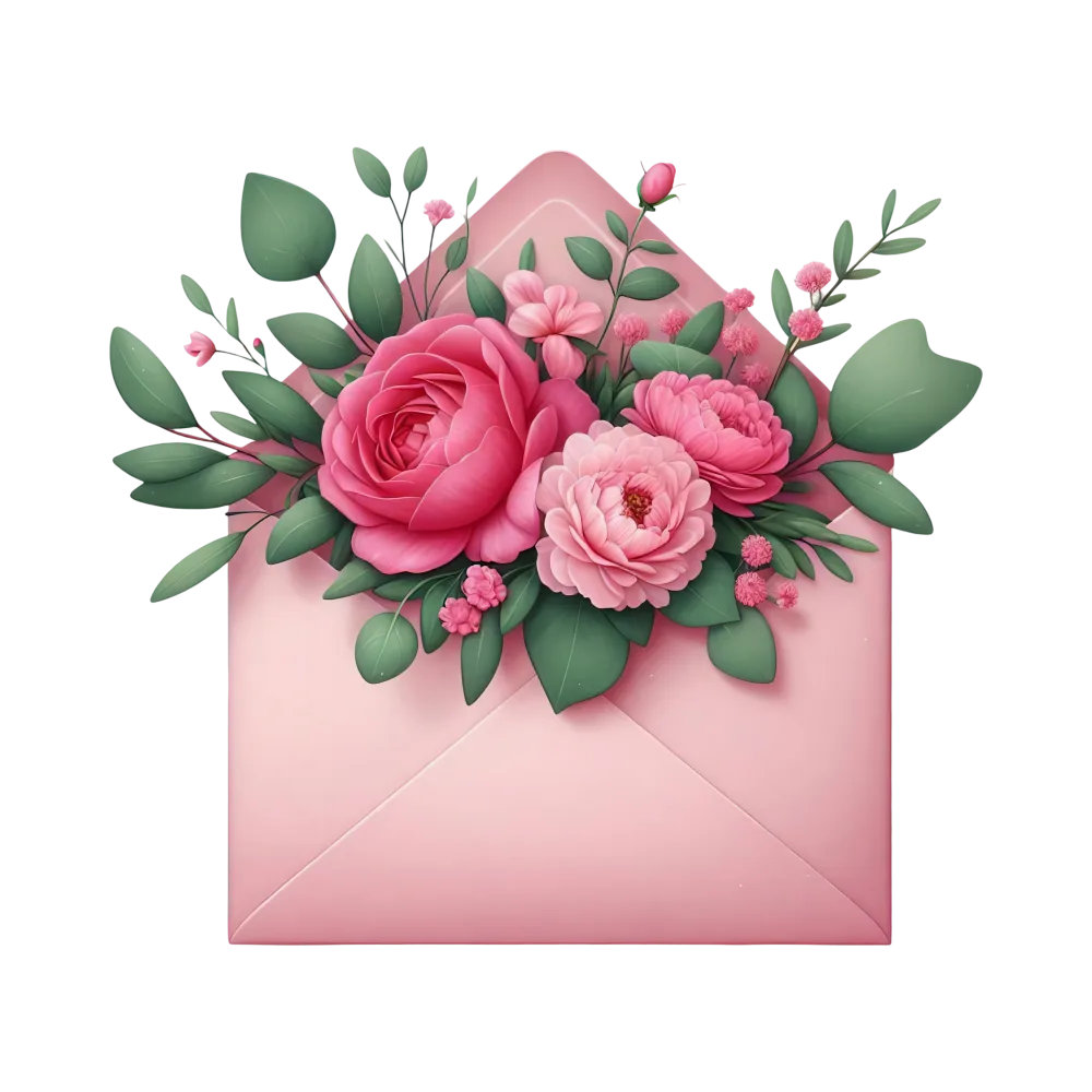 Pink Envelope with Pink and Green Floral Bouquet