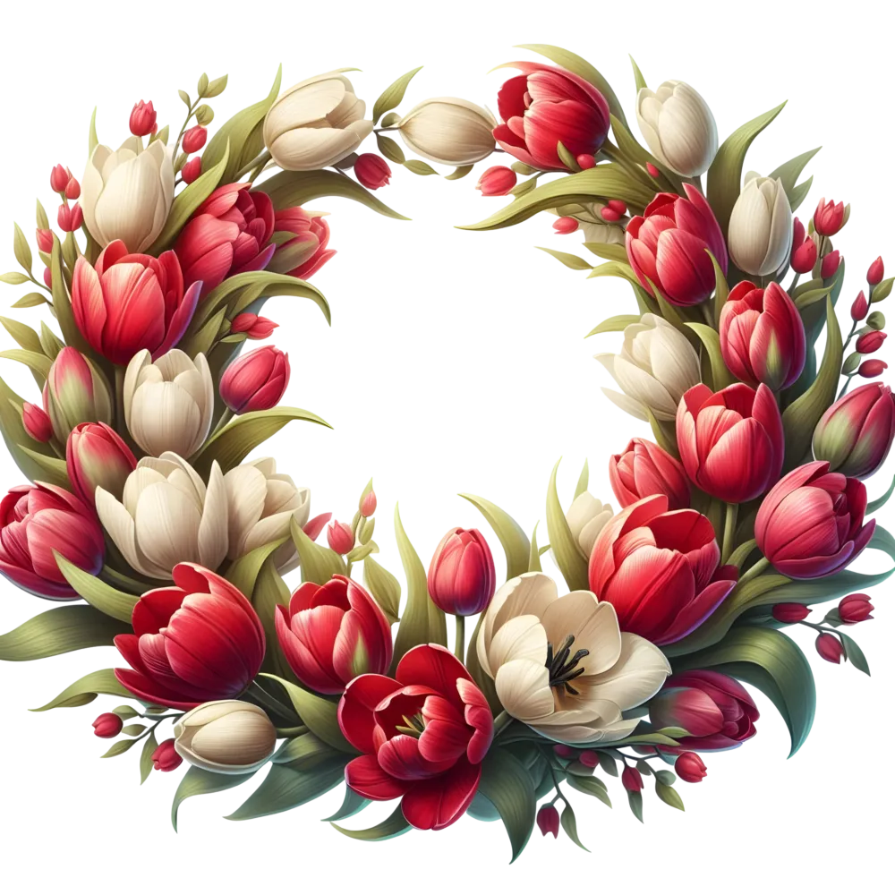 Red and White Tulip Floral Wreath with Green Leaves