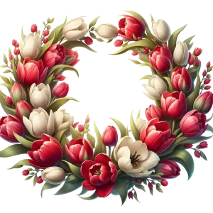 Red and White Tulip Floral Wreath with Green Leaves