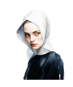Portrait of a Woman Wearing White Headscarf and Dark Clothing