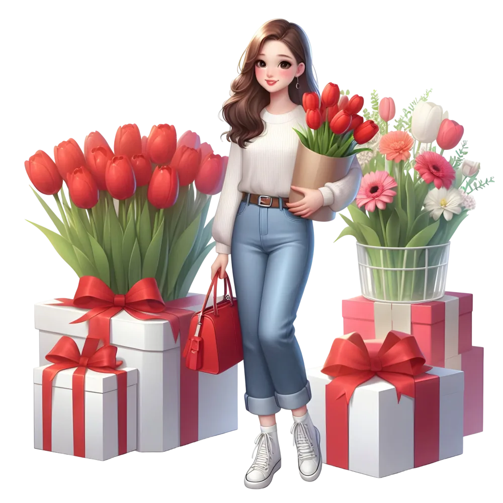 Young Woman with Red Tulips and Gift Boxes