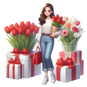 Young Woman with Red Tulips and Gift Boxes