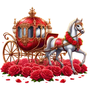 Ornate Red Royal Carriage with White Horse and Red Roses