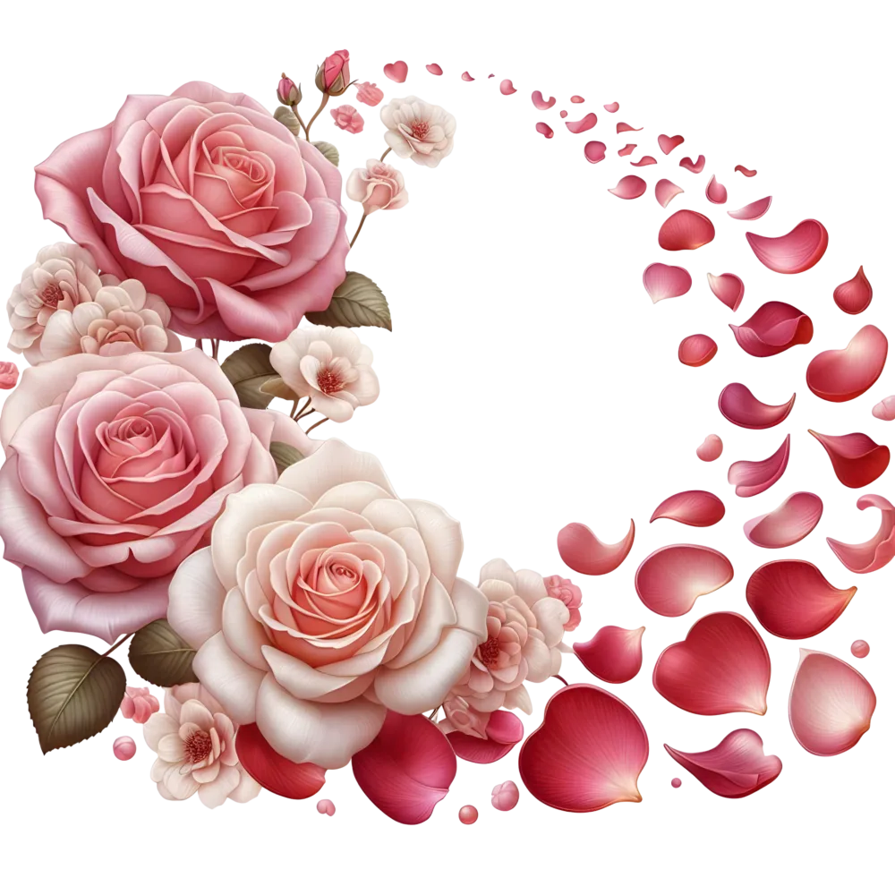 Decorative Wreath of Pink Roses and Scattered Rose Petals