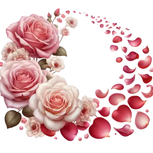 Decorative Wreath of Pink Roses and Scattered Rose Petals