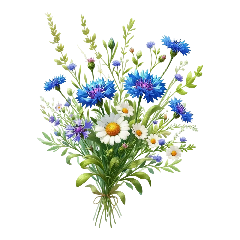 Bouquet of Blue Cornflowers and White Daisies with Greenery