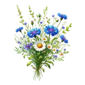 Bouquet of Blue Cornflowers and White Daisies with Greenery